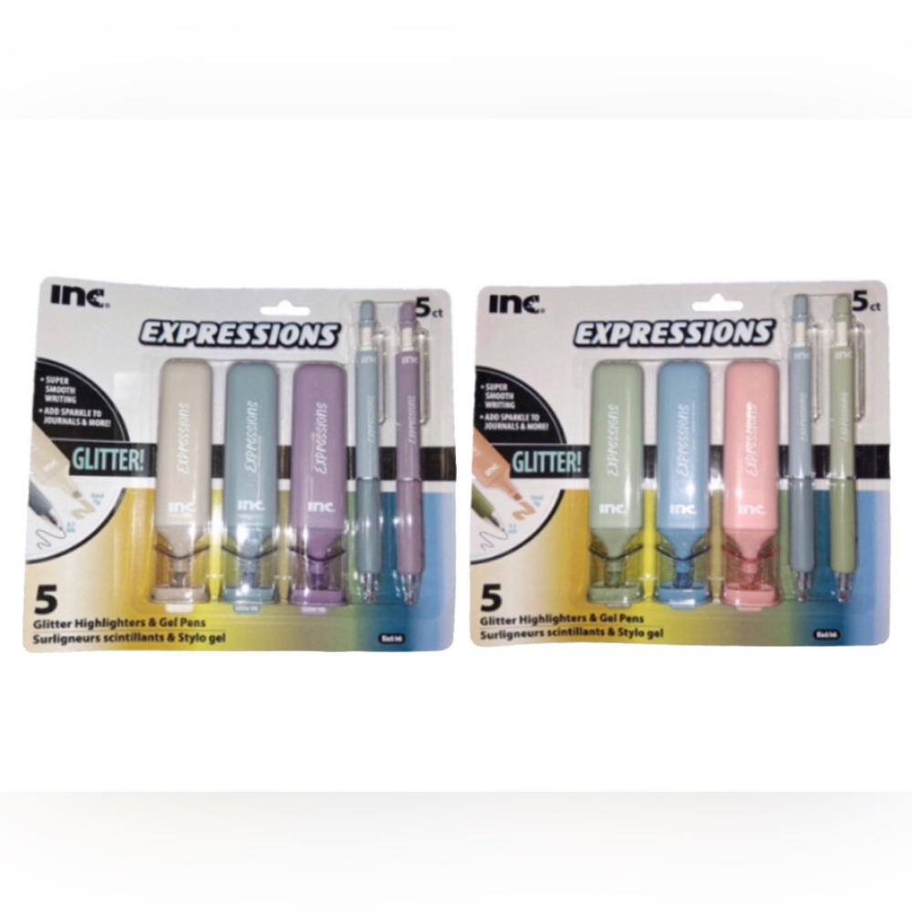 Inc. Expressions 3 Glitter Highlighters & 2 Gel Pens Black Ink Each (Set Of 2)